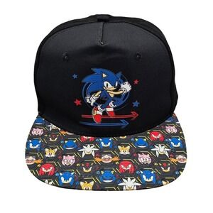 Sonic the Hedgehog SEGA Snapback Hat Character Collage Brim Black Blue Gamer Cap